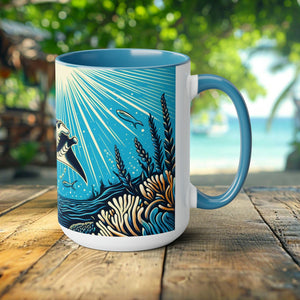 Handcrafted Manta Ray Mug - Artistic Woodcut Design Ocean-Inspired Ceramic Coffee Cup - Unique Gift for Marine Life Lovers and Scuba Divers - Chromatic Safari - Blue -