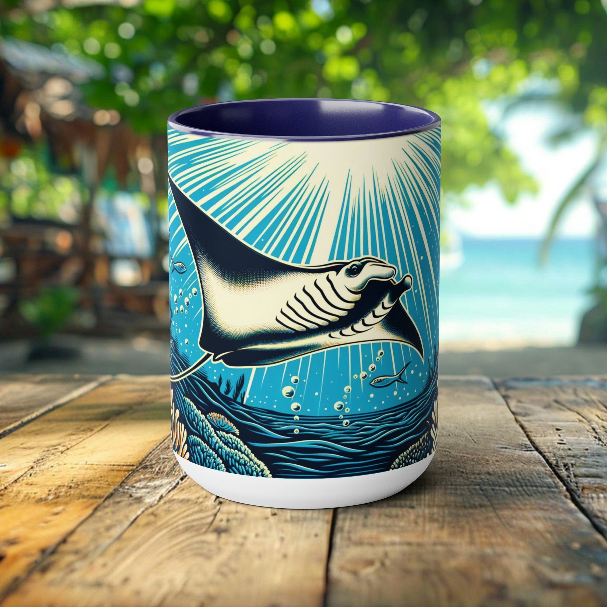 Handcrafted Manta Ray Mug - Artistic Woodcut Design Ocean-Inspired Ceramic Coffee Cup - Unique Gift for Marine Life Lovers and Scuba Divers - Chromatic Safari - Blue -