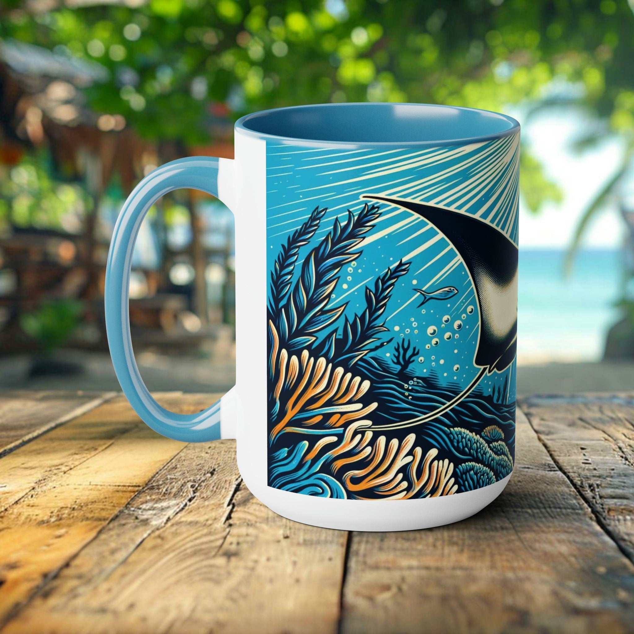 Handcrafted Manta Ray Mug - Artistic Woodcut Design Ocean-Inspired Ceramic Coffee Cup - Unique Gift for Marine Life Lovers and Scuba Divers - Chromatic Safari - Blue -