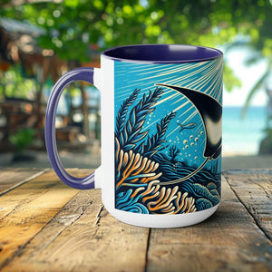 Handcrafted Manta Ray Mug - Artistic Woodcut Design Ocean-Inspired Ceramic Coffee Cup - Unique Gift for Marine Life Lovers and Scuba Divers - Chromatic Safari - Blue -