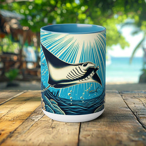 Handcrafted Manta Ray Mug - Artistic Woodcut Design Ocean-Inspired Ceramic Coffee Cup - Unique Gift for Marine Life Lovers and Scuba Divers - Chromatic Safari - Blue -