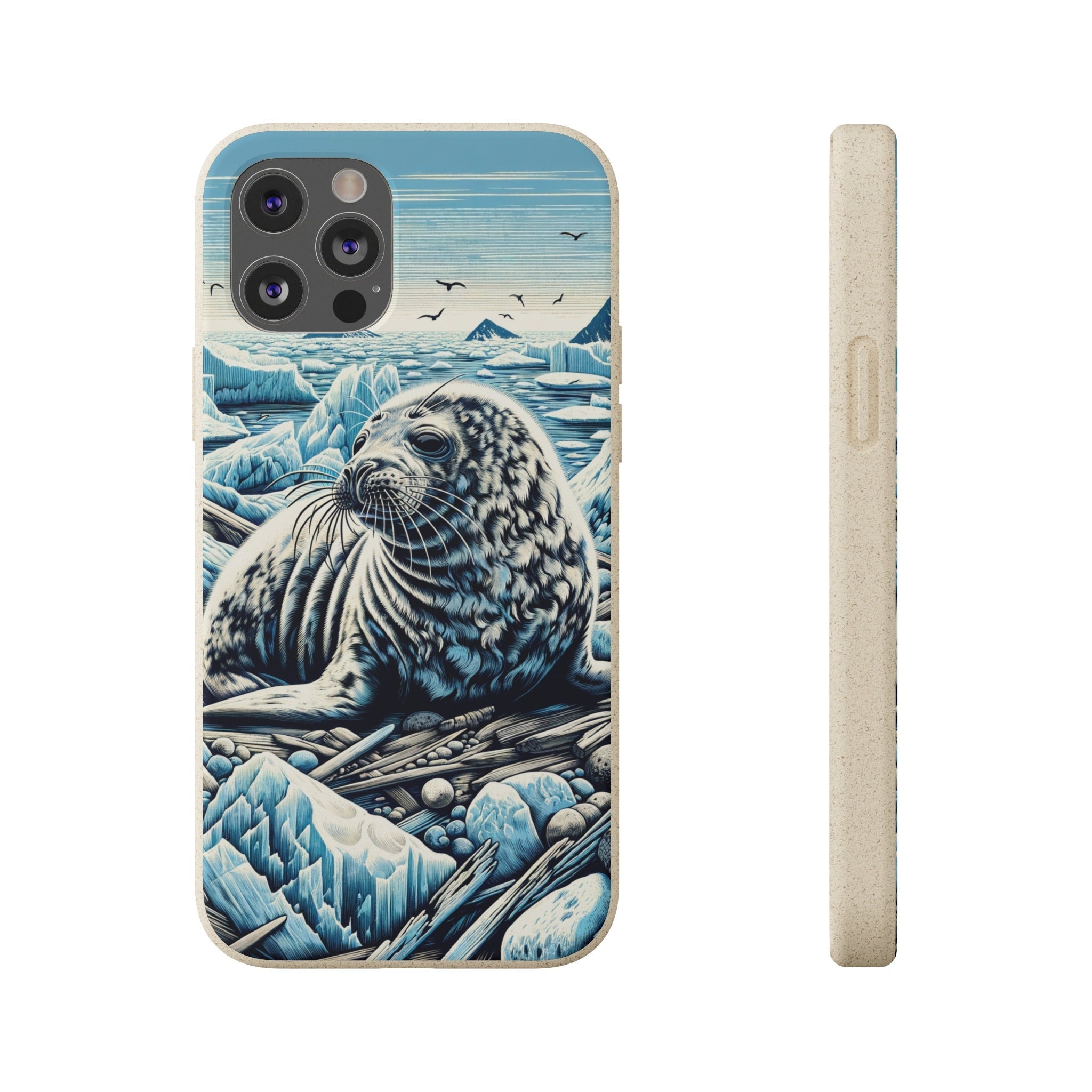 Harp Seal Phone Case - Biodegradable Woodcut Design, Eco-Friendly Compostable PLA, Bamboo, Wireless Charging-Compatible - Chromatic Safari - iPhone 13 -