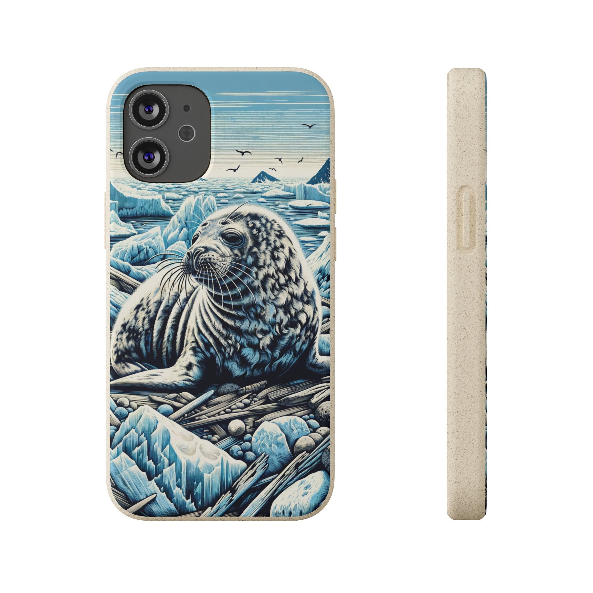 Harp Seal Phone Case - Biodegradable Woodcut Design, Eco-Friendly Compostable PLA, Bamboo, Wireless Charging-Compatible - Chromatic Safari - iPhone 13 -