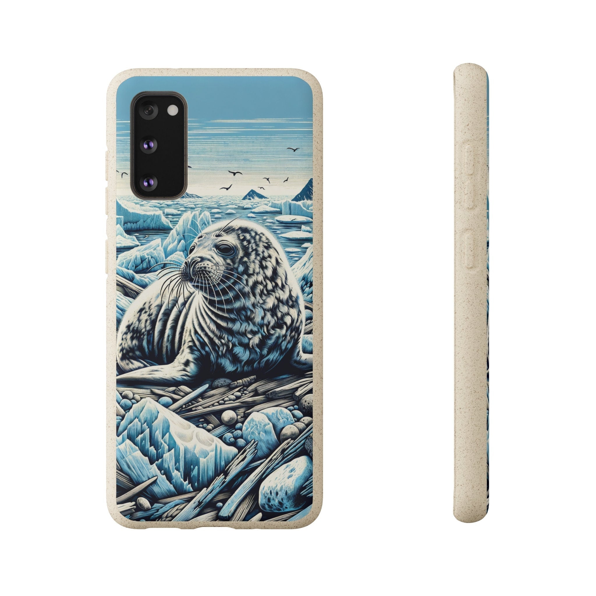 Harp Seal Phone Case - Biodegradable Woodcut Design, Eco-Friendly Compostable PLA, Bamboo, Wireless Charging-Compatible - Chromatic Safari - iPhone 13 -