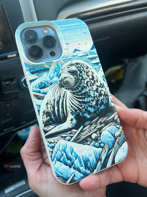 Harp Seal Phone Case - Biodegradable Woodcut Design, Eco-Friendly Compostable PLA, Bamboo, Wireless Charging-Compatible - Chromatic Safari - iPhone 13 -