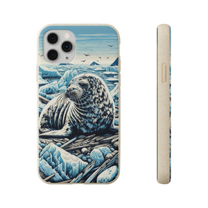 Harp Seal Phone Case - Biodegradable Woodcut Design, Eco-Friendly Compostable PLA, Bamboo, Wireless Charging-Compatible - Chromatic Safari - iPhone 13 -