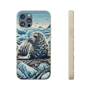 Harp Seal Phone Case - Biodegradable Woodcut Design, Eco-Friendly Compostable PLA, Bamboo, Wireless Charging-Compatible - Chromatic Safari - iPhone 13 -