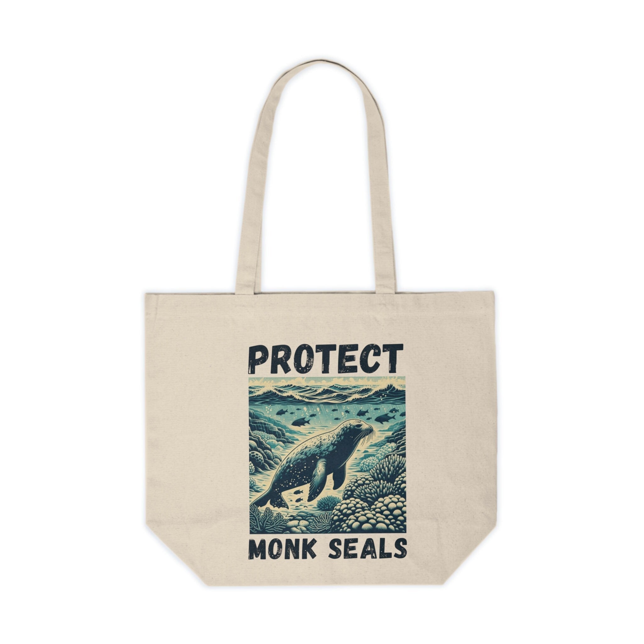 Hawaiian Monk Seal Tote Bag - Woodcut Art Print Design - Eco-Friendly Reusable Cotton Canvas Bag - Unique Beach Shopping Carryall - Chromatic Safari - -