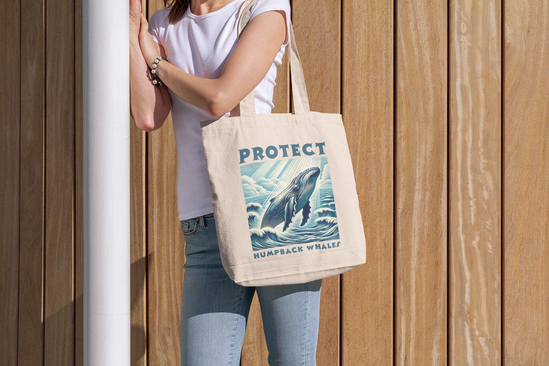 Humpback Whale Woodcut Design Tote Bag - Eco-Friendly Cotton Shopper with Artistic Ocean Life Print - Unique Marine Animal Beach Carryall - Chromatic Safari - -