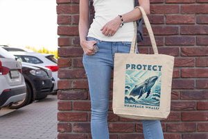 Humpback Whale Woodcut Design Tote Bag - Eco-Friendly Cotton Shopper with Artistic Ocean Life Print - Unique Marine Animal Beach Carryall - Chromatic Safari - -