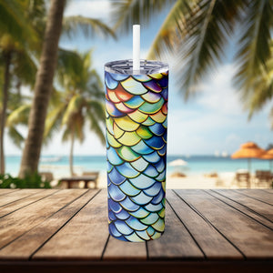 Iridescent Mermaid Scale Skinny Tumbler 20oz - Durable Stainless Steel Insulated Cup with Straw, Hot & Cold Drink Travel Mug, Eco-Friendly - Chromatic Safari - -