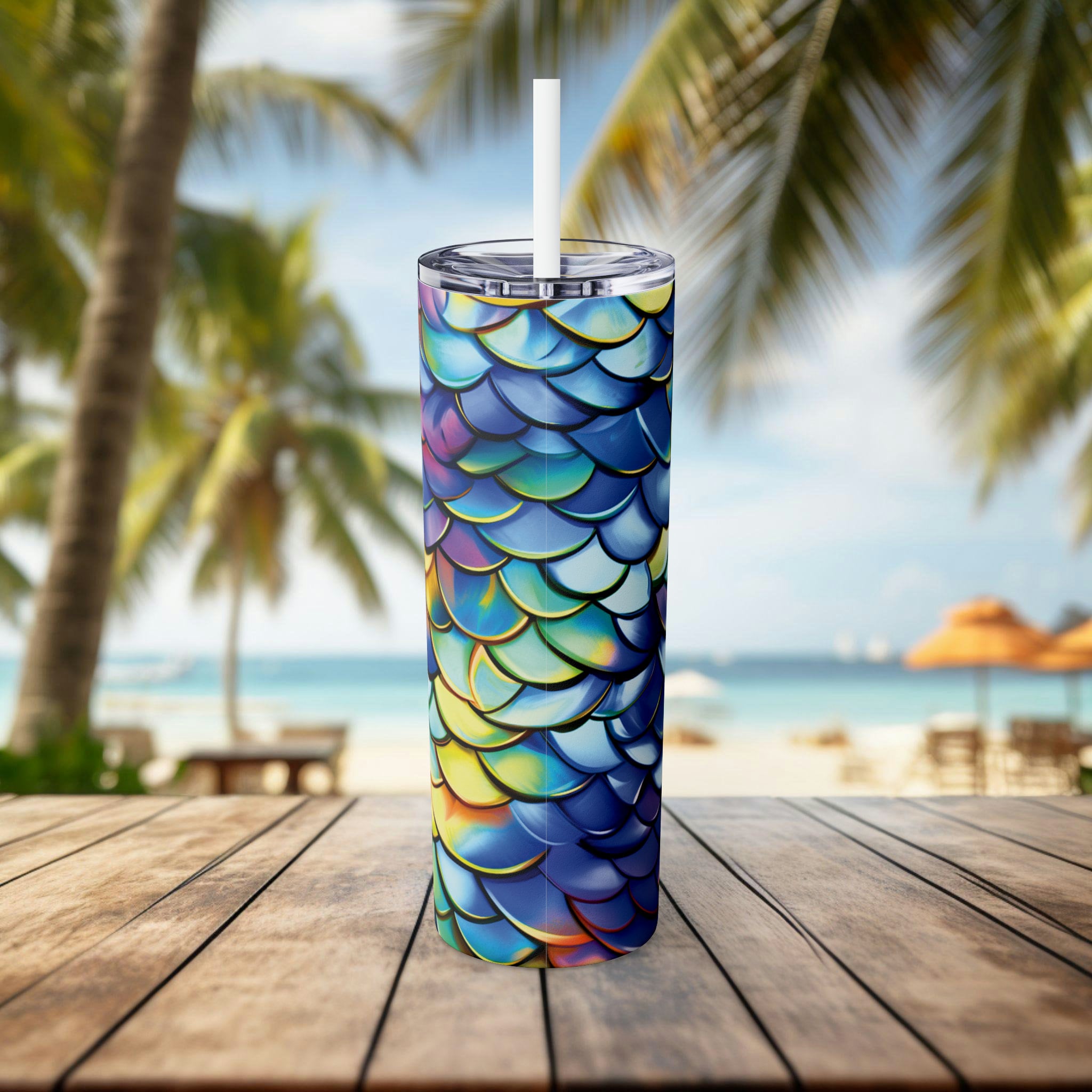 Iridescent Mermaid Scale Skinny Tumbler 20oz - Durable Stainless Steel Insulated Cup with Straw, Hot & Cold Drink Travel Mug, Eco-Friendly - Chromatic Safari - -