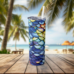 Iridescent Mermaid Scale Skinny Tumbler 20oz - Durable Stainless Steel Insulated Cup with Straw, Hot & Cold Drink Travel Mug, Eco-Friendly - Chromatic Safari - -