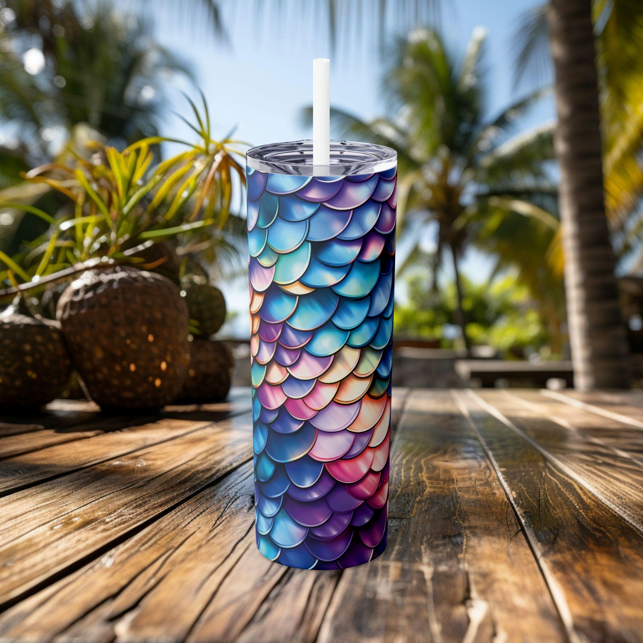 Iridescent Scales 20 oz Skinny Tumbler Stainless Steel Insulated Travel Mug, Color Shifting Fish Scale Design, Mermaid Lover Gift Idea - Chromatic Safari - -