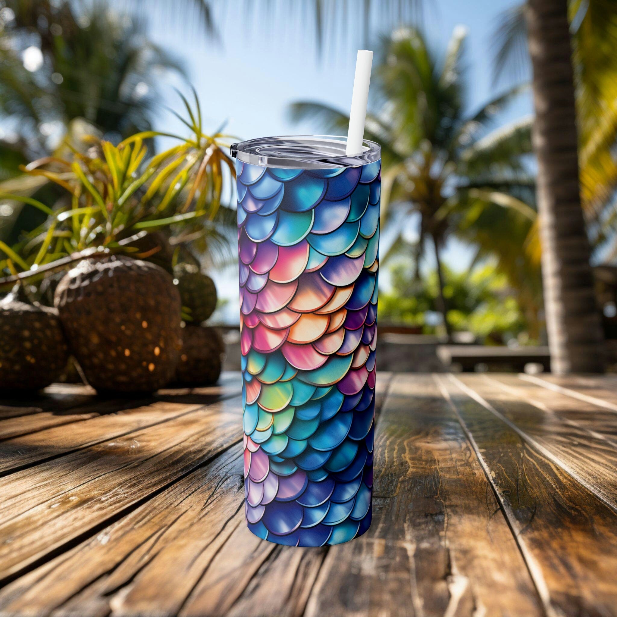 Iridescent Scales 20 oz Skinny Tumbler Stainless Steel Insulated Travel Mug, Color Shifting Fish Scale Design, Mermaid Lover Gift Idea - Chromatic Safari - -
