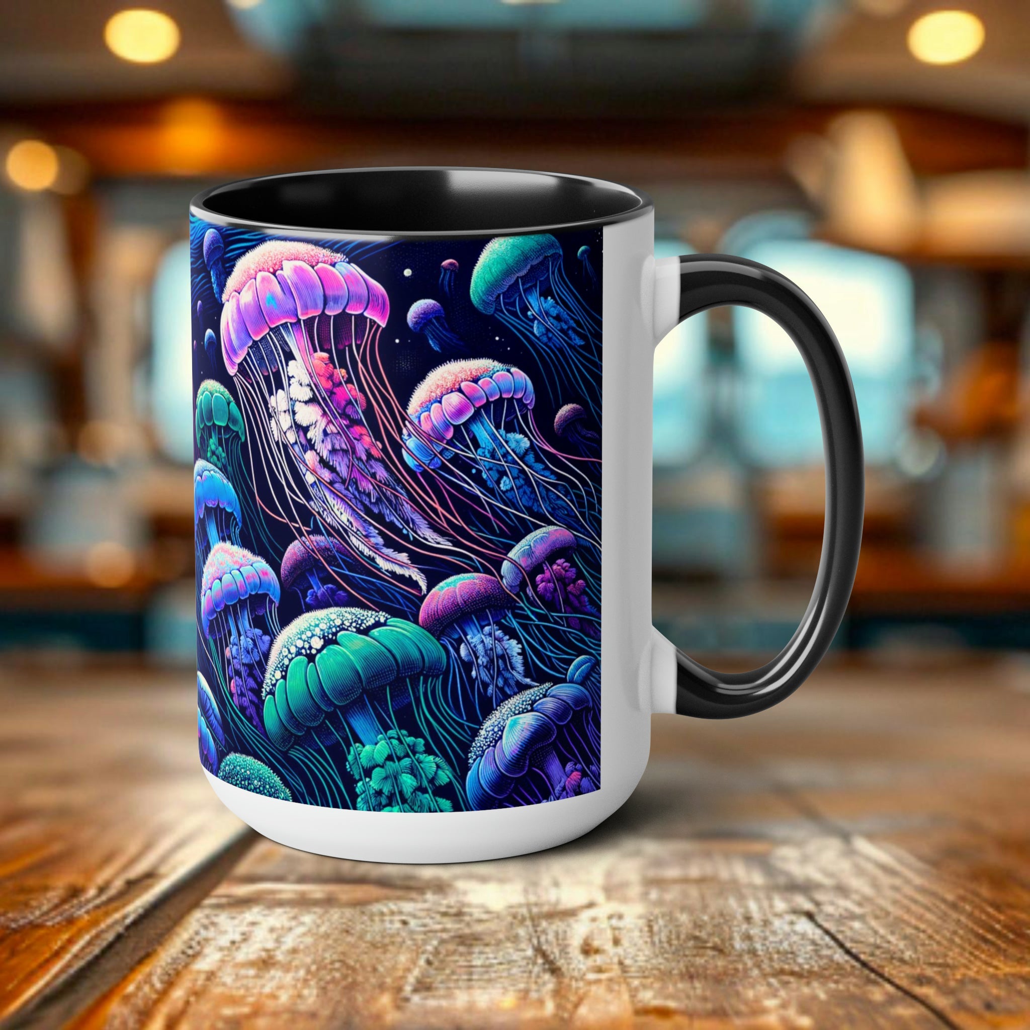 Jellyfish Mug - Ocean Conservation Gift for Surfers & Divers, Eco-Friendly Ceramic Coffee Cup Celebrating Marine Beauty - Mug - Chromatic Safari - 15oz - Blue