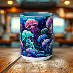 Jellyfish Mug - Ocean Conservation Gift for Surfers & Divers, Eco-Friendly Ceramic Coffee Cup Celebrating Marine Beauty - Mug - Chromatic Safari - 15oz - Light Blue