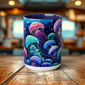 Jellyfish Mug - Ocean Conservation Gift for Surfers & Divers, Eco-Friendly Ceramic Coffee Cup Celebrating Marine Beauty - Mug - Chromatic Safari - 15oz - Blue