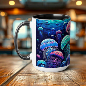 Jellyfish Mug - Ocean Conservation Gift for Surfers & Divers, Eco-Friendly Ceramic Coffee Cup Celebrating Marine Beauty - Mug - Chromatic Safari - 15oz - Blue