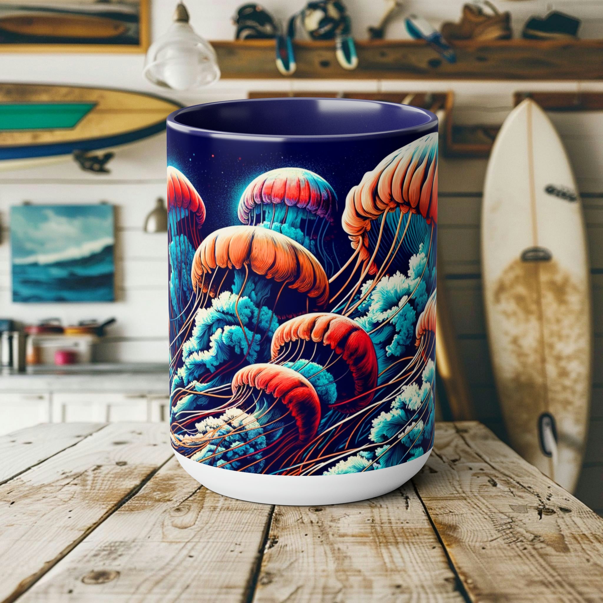 Jellyfish Mug - Ocean Conservation Gift for Surfers & Sea Enthusiasts, Eco-Friendly Ceramic Coffee Cup Celebrating Marine Beauty - Mug - Chromatic Safari - 15oz - Blue