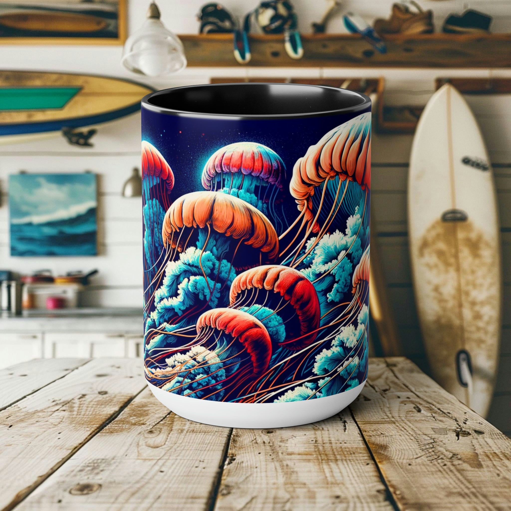 Jellyfish Mug - Ocean Conservation Gift for Surfers & Sea Enthusiasts, Eco-Friendly Ceramic Coffee Cup Celebrating Marine Beauty - Mug - Chromatic Safari - 15oz - Black