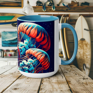 Jellyfish Mug - Ocean Conservation Gift for Surfers & Sea Enthusiasts, Eco-Friendly Ceramic Coffee Cup Celebrating Marine Beauty - Mug - Chromatic Safari - 15oz - Light Blue