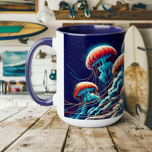 Jellyfish Mug - Ocean Conservation Gift for Surfers & Sea Enthusiasts, Eco-Friendly Ceramic Coffee Cup Celebrating Marine Beauty - Mug - Chromatic Safari - 15oz - Light Blue