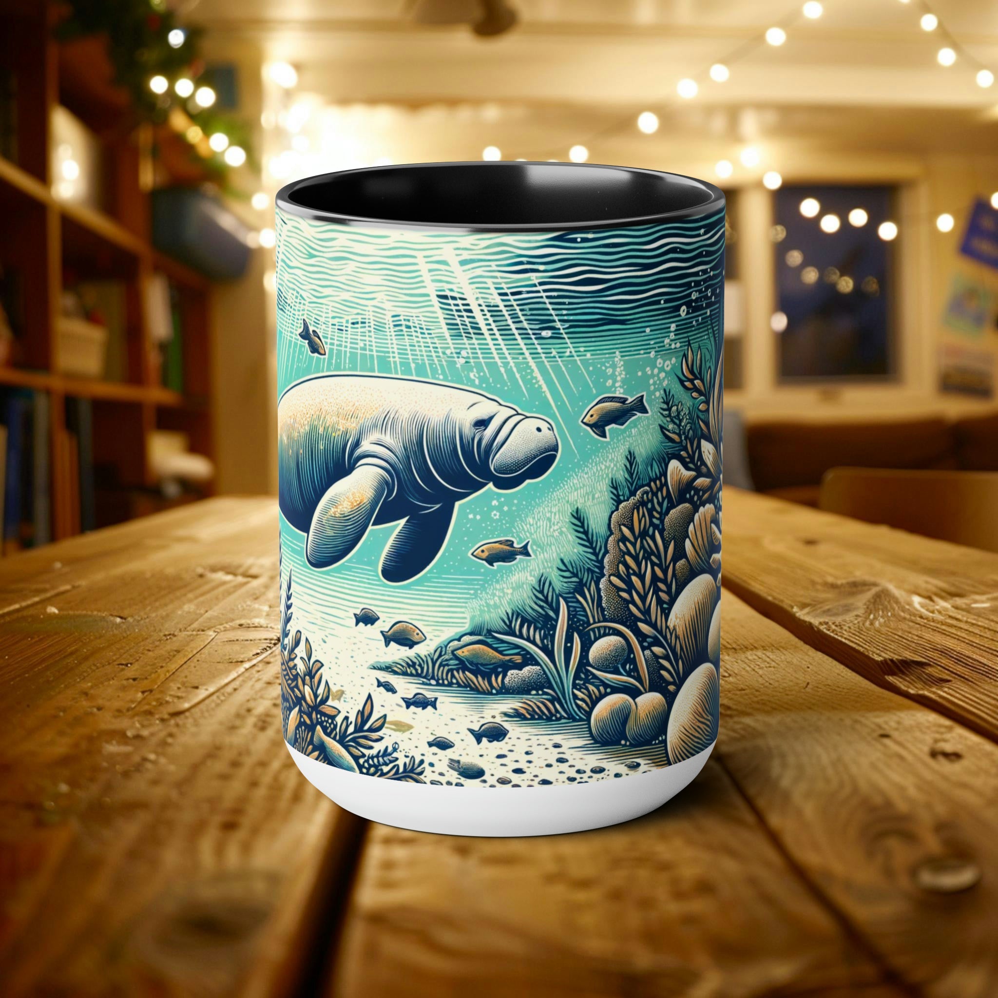 Manatee 15 oz Mug - Perfect Ocean Conservation Surfer Gift, Coffee Cup Gift for Manatee & Dugong Lovers - Mug - Chromatic Safari - 15oz - Black