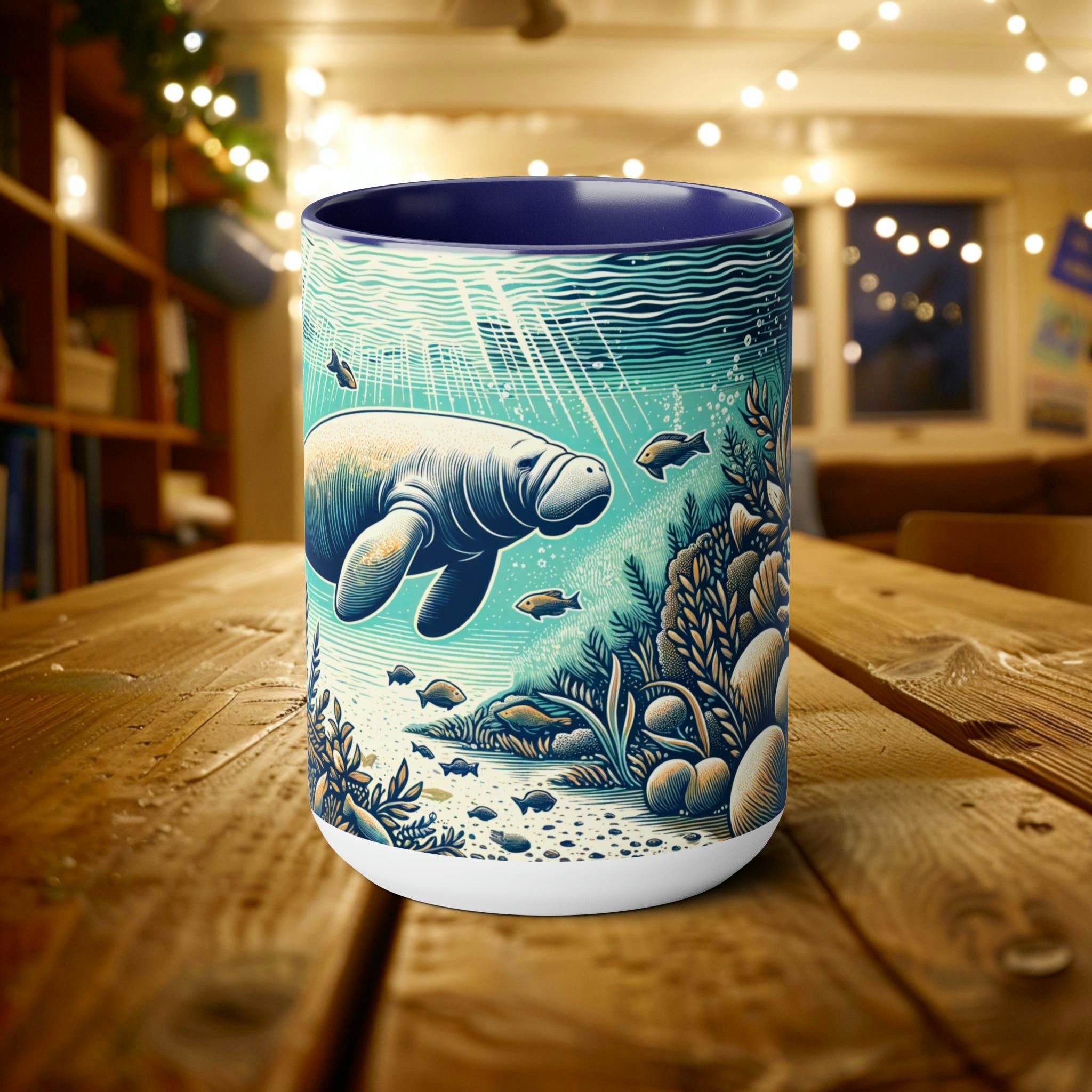 Manatee 15 oz Mug - Perfect Ocean Conservation Surfer Gift, Coffee Cup Gift for Manatee & Dugong Lovers - Mug - Chromatic Safari - 15oz - Blue