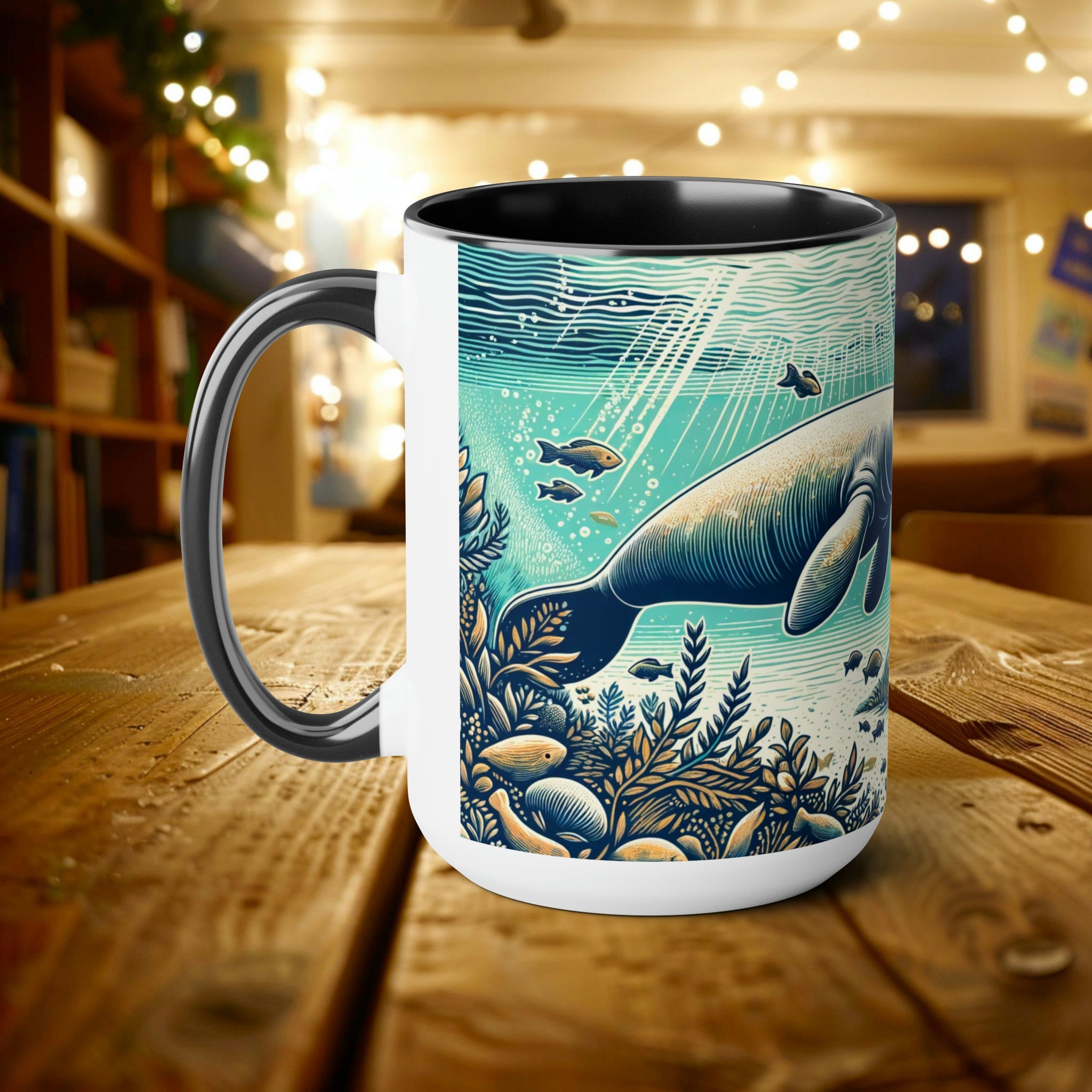 Manatee 15 oz Mug - Perfect Ocean Conservation Surfer Gift, Coffee Cup Gift for Manatee & Dugong Lovers - Mug - Chromatic Safari - 15oz - Blue