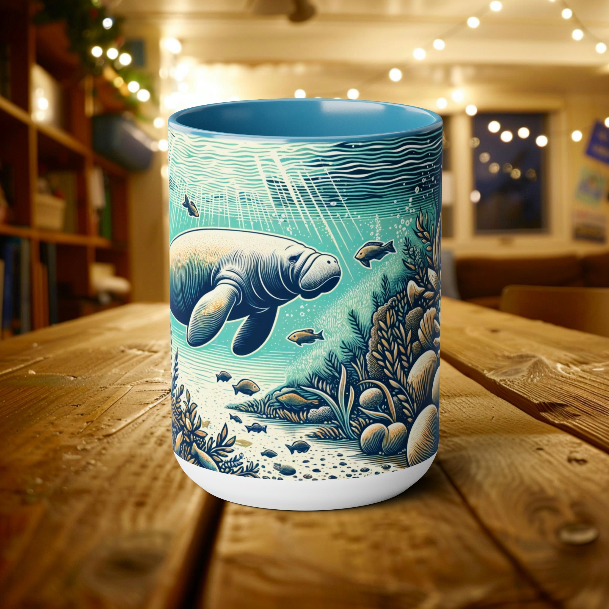 Manatee 15 oz Mug - Perfect Ocean Conservation Surfer Gift, Coffee Cup Gift for Manatee & Dugong Lovers - Mug - Chromatic Safari - 15oz - Light Blue