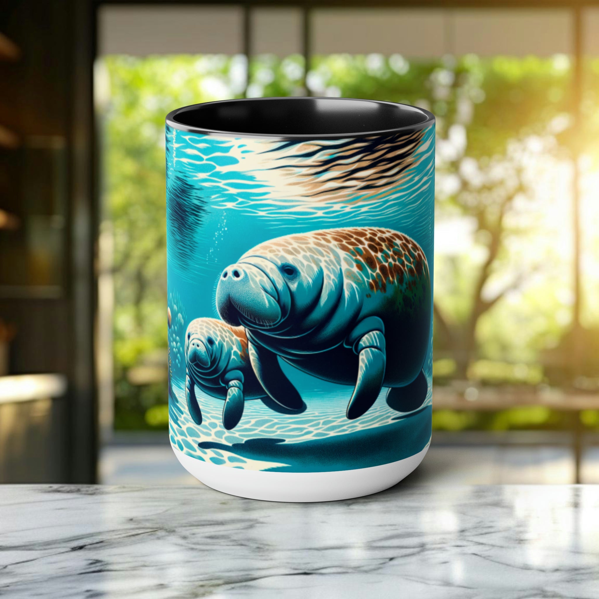 Manatee and Baby Mug - Perfect Surfer Mom Gift, Ocean Theme Coffee Cup, Marine Life Inspired Drinkware, Eco-Friendly Gift for Surfer - Mug - Chromatic Safari - 15oz - Black