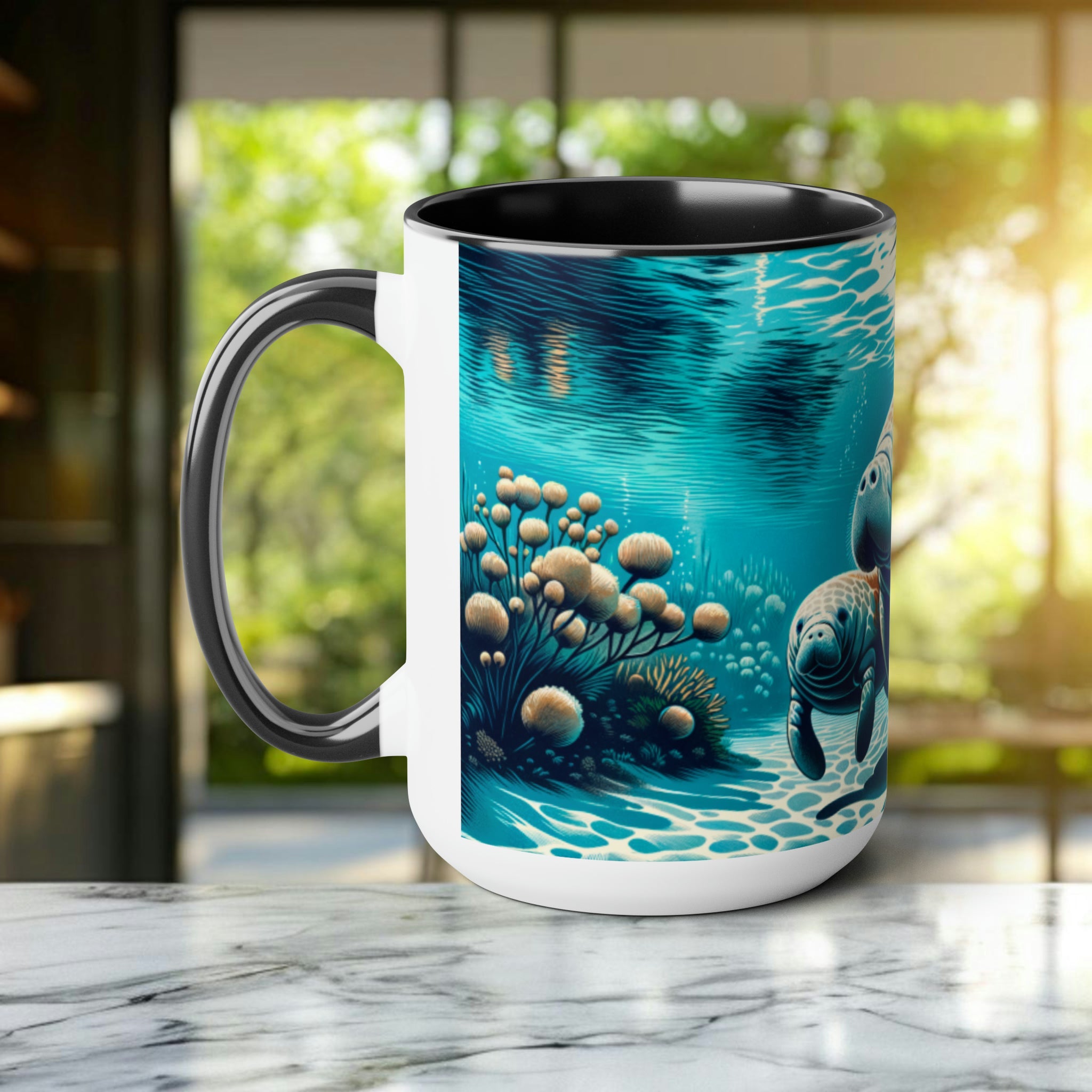 Manatee and Baby Mug - Perfect Surfer Mom Gift, Ocean Theme Coffee Cup, Marine Life Inspired Drinkware, Eco-Friendly Gift for Surfer - Mug - Chromatic Safari - 15oz - Blue