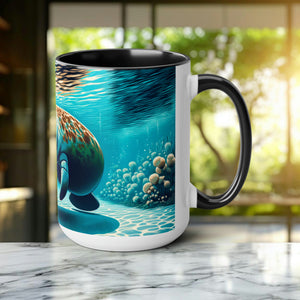 Manatee and Baby Mug - Perfect Surfer Mom Gift, Ocean Theme Coffee Cup, Marine Life Inspired Drinkware, Eco-Friendly Gift for Surfer - Mug - Chromatic Safari - 15oz - Blue