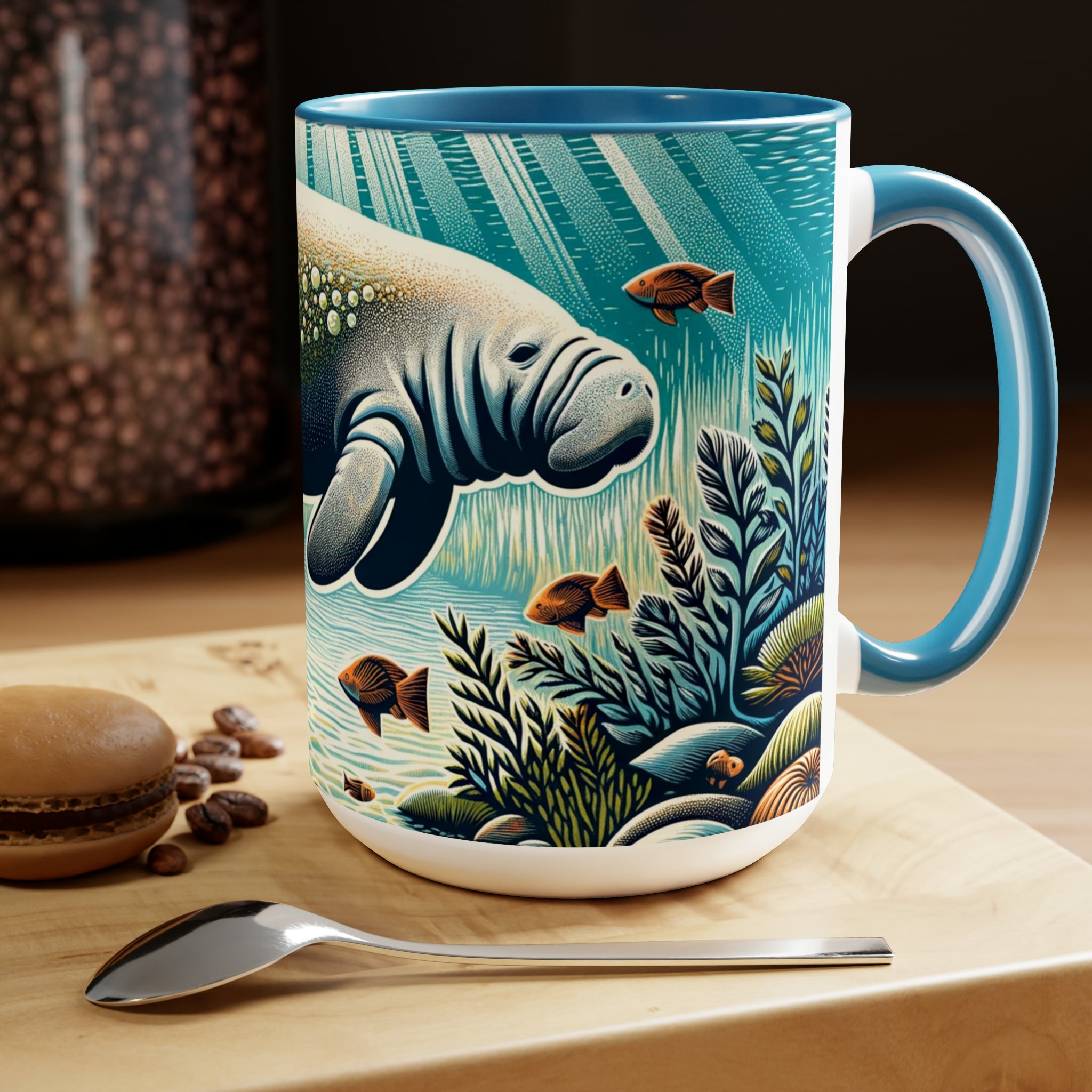 Manatee Mug with Woodcut Design - Gift for Manatee & Dugong Lovers, Eco-Friendly Ocean Life Themed Coffee, Cup 15 oz Ceramic - Mug - Chromatic Safari - 15oz - Blue