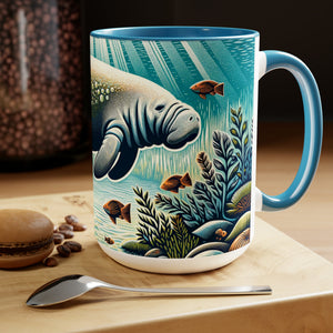 Manatee Mug with Woodcut Design - Gift for Manatee & Dugong Lovers, Eco-Friendly Ocean Life Themed Coffee, Cup 15 oz Ceramic - Mug - Chromatic Safari - 15oz - Blue