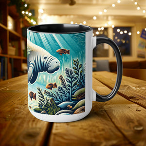 Manatee Mug with Woodcut Design - Gift for Manatee & Dugong Lovers, Eco-Friendly Ocean Life Themed Coffee, Cup 15 oz Ceramic - Mug - Chromatic Safari - 15oz - Black