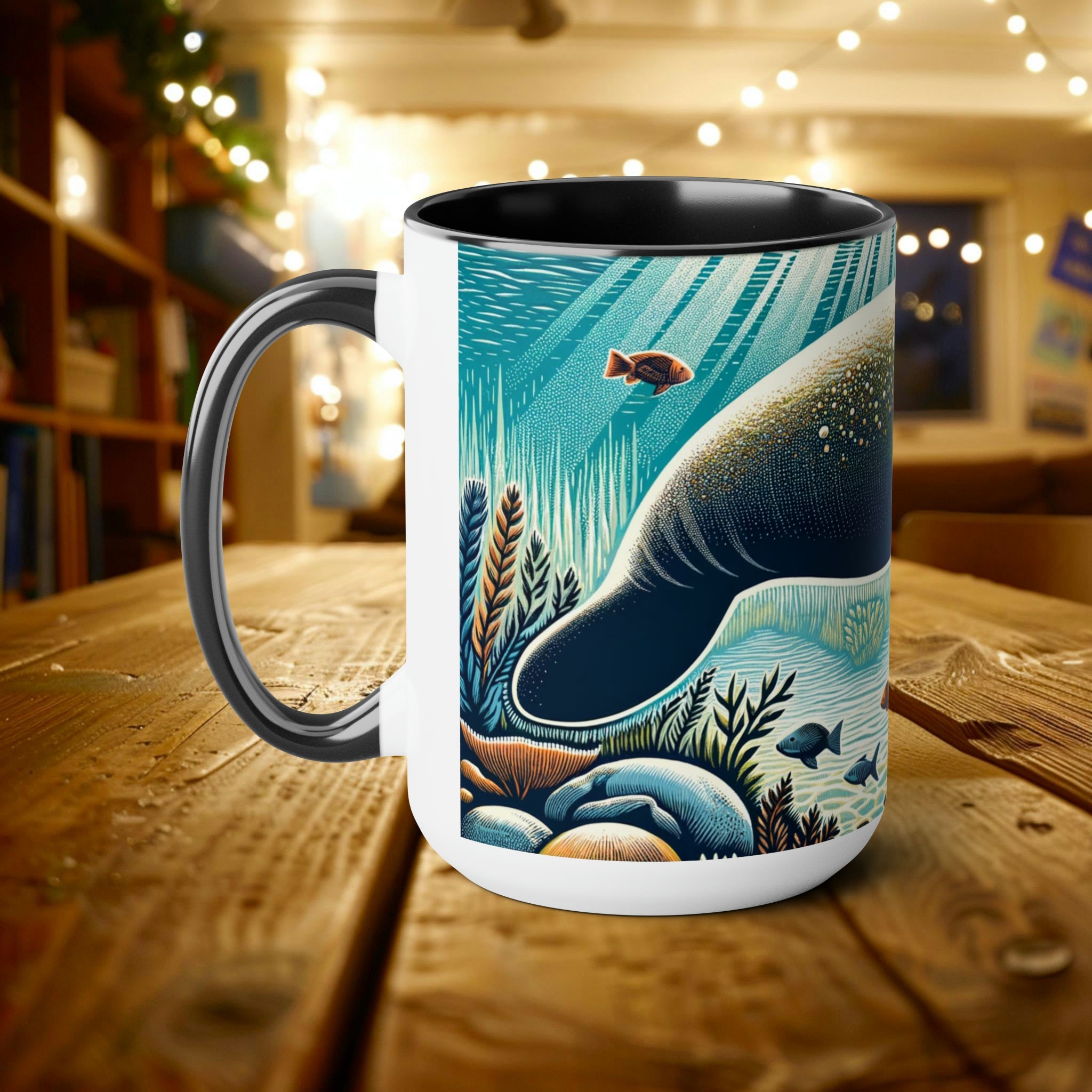 Manatee Mug with Woodcut Design - Gift for Manatee & Dugong Lovers, Eco-Friendly Ocean Life Themed Coffee, Cup 15 oz Ceramic - Mug - Chromatic Safari - 15oz - Blue