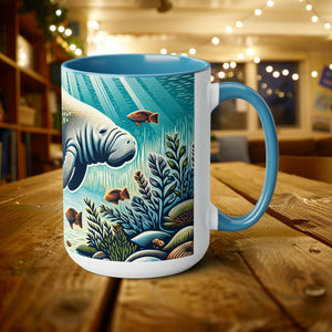 Manatee Mug with Woodcut Design - Gift for Manatee & Dugong Lovers, Eco-Friendly Ocean Life Themed Coffee, Cup 15 oz Ceramic - Mug - Chromatic Safari - 15oz - Light Blue