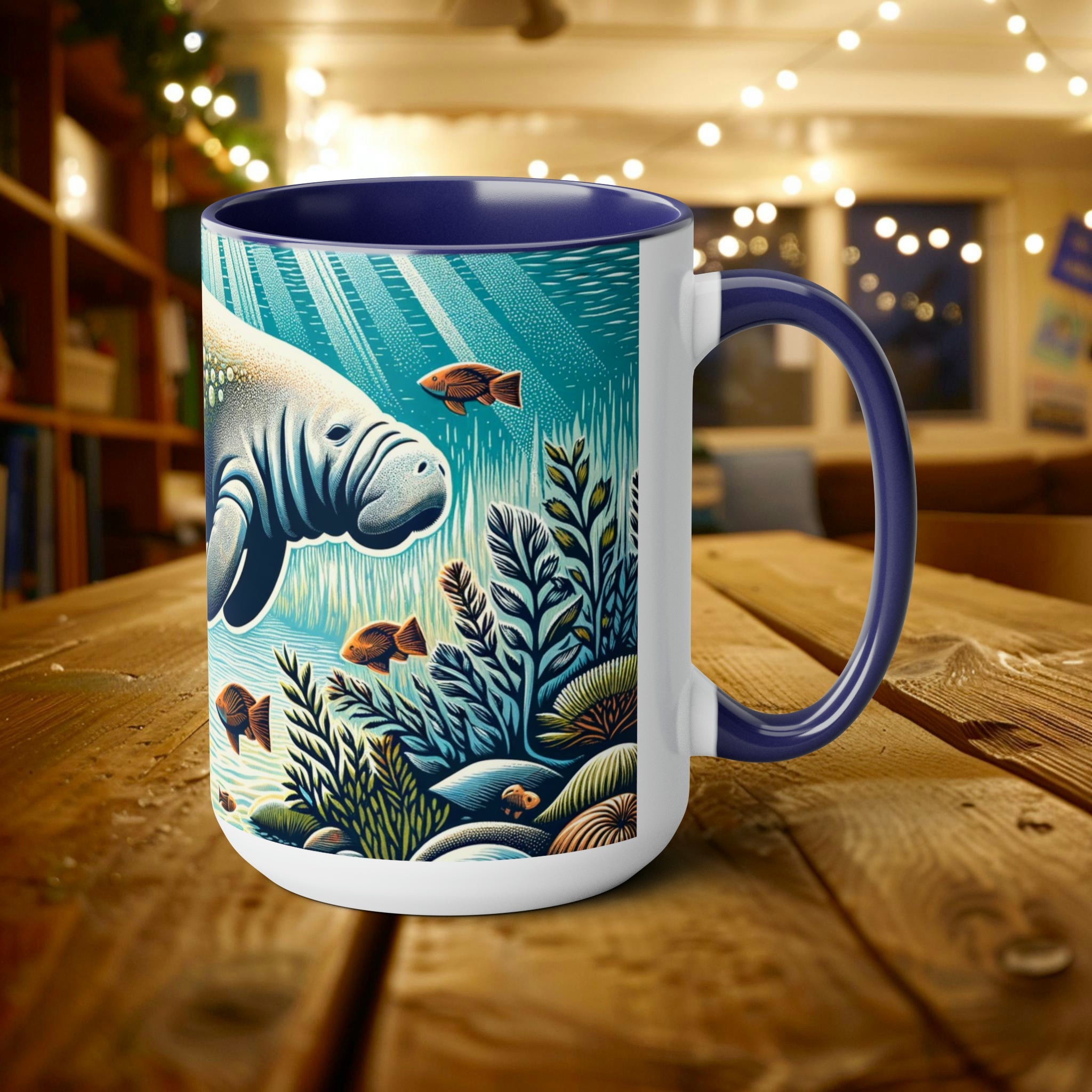 Manatee Mug with Woodcut Design - Gift for Manatee & Dugong Lovers, Eco-Friendly Ocean Life Themed Coffee, Cup 15 oz Ceramic - Mug - Chromatic Safari - 15oz - Blue