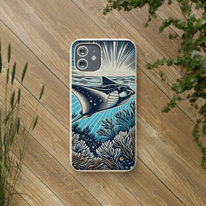 Manta Ray Eco-Friendly Biodegradable Phone Case | Woodcut Design | Sustainable Protective Cover for Nature Lover - Chromatic Safari - iPhone 13 -