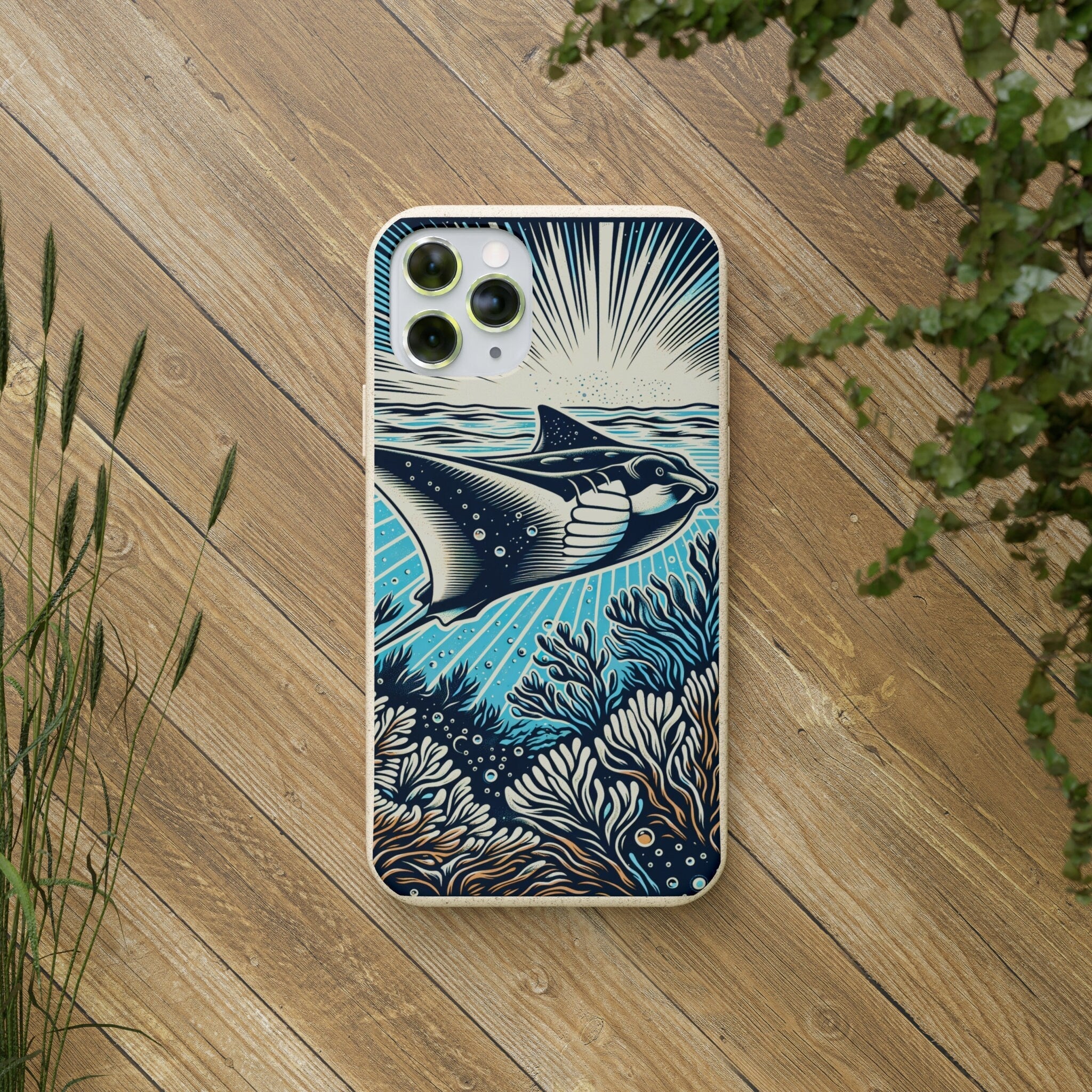 Manta Ray Eco-Friendly Biodegradable Phone Case | Woodcut Design | Sustainable Protective Cover for Nature Lover - Chromatic Safari - iPhone 13 -