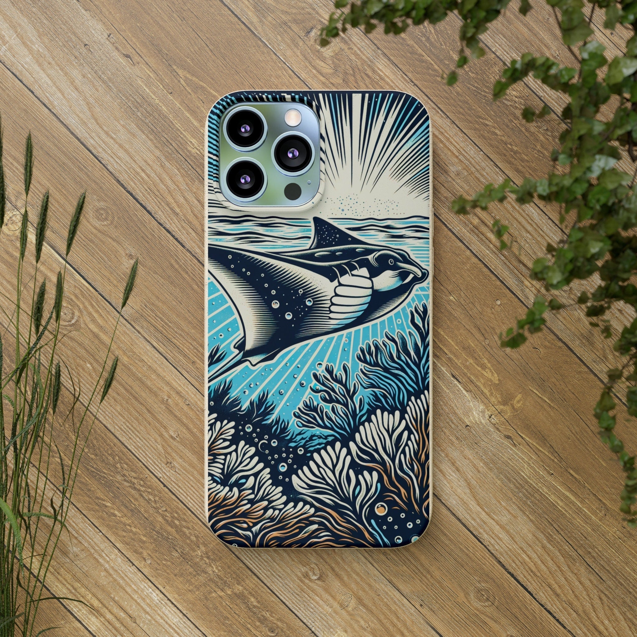 Manta Ray Eco-Friendly Biodegradable Phone Case | Woodcut Design | Sustainable Protective Cover for Nature Lover - Chromatic Safari - iPhone 13 -