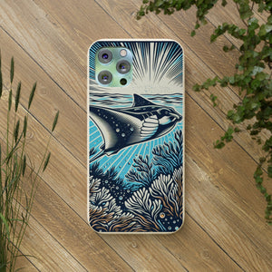 Manta Ray Eco-Friendly Biodegradable Phone Case | Woodcut Design | Sustainable Protective Cover for Nature Lover - Chromatic Safari - iPhone 13 -