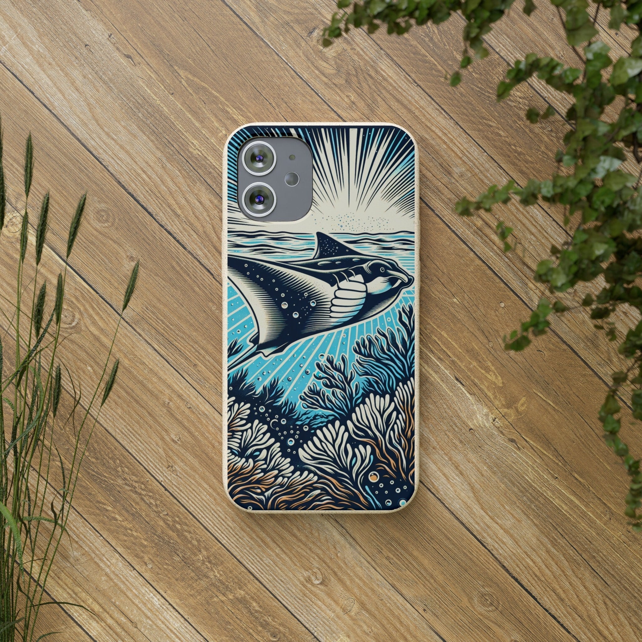 Manta Ray Eco-Friendly Biodegradable Phone Case | Woodcut Design | Sustainable Protective Cover for Nature Lover - Chromatic Safari - iPhone 13 -