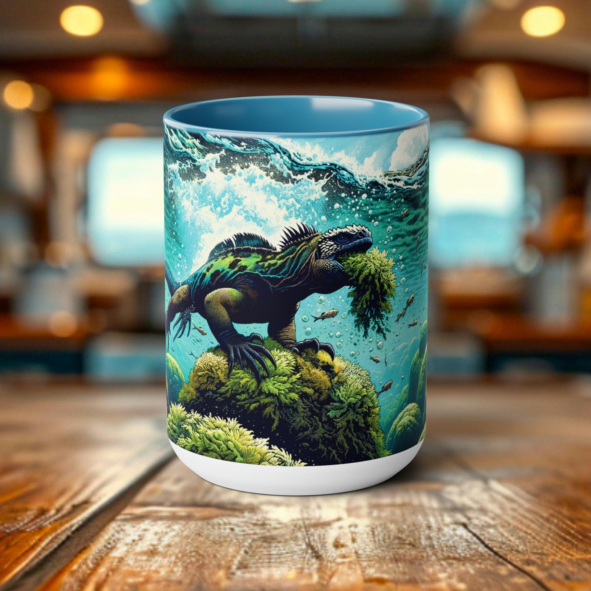 Marine Iguana Eco-Gift Woodcut Mug 15oz - Dishwasher Safe Ceramic Coffee Cup for Nature Enthusiasts Eco-Conscious Gift for Scuba Diver - Chromatic Safari - Blue -