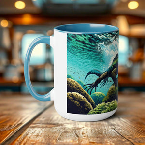 Marine Iguana Eco-Gift Woodcut Mug 15oz - Dishwasher Safe Ceramic Coffee Cup for Nature Enthusiasts Eco-Conscious Gift for Scuba Diver - Chromatic Safari - Blue -