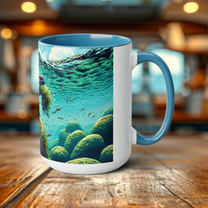 Marine Iguana Eco-Gift Woodcut Mug 15oz - Dishwasher Safe Ceramic Coffee Cup for Nature Enthusiasts Eco-Conscious Gift for Scuba Diver - Chromatic Safari - Blue -