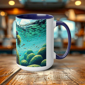 Marine Iguana Eco-Gift Woodcut Mug 15oz - Dishwasher Safe Ceramic Coffee Cup for Nature Enthusiasts Eco-Conscious Gift for Scuba Diver - Chromatic Safari - Blue -