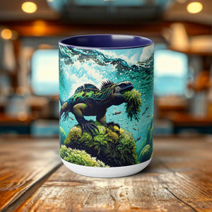 Marine Iguana Eco-Gift Woodcut Mug 15oz - Dishwasher Safe Ceramic Coffee Cup for Nature Enthusiasts Eco-Conscious Gift for Scuba Diver - Chromatic Safari - Blue -